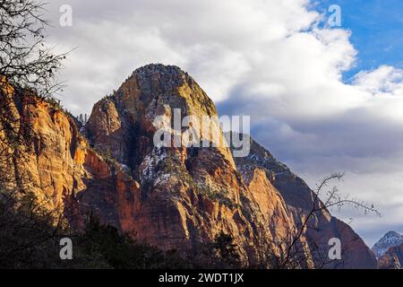 This is a view of The Mountain of the Sun, an iconic formation near Zion Lodge in Zion National Park, Springdale, Washington County, Utah, USA. Stock Photo