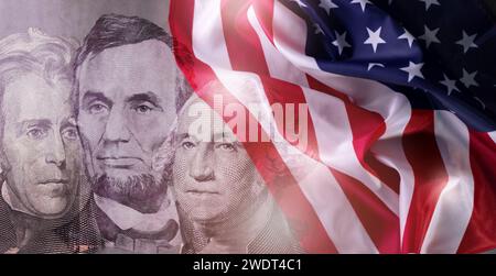 Happy Presidents Day Concept with the US national Flag against a collage American Presidents portraits cut of Dollar bills. Stock Photo