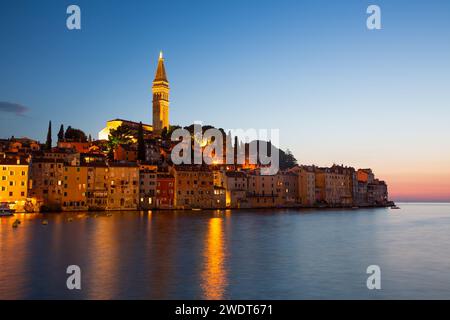 Evening, Waterfront and Tower of Church of St. Euphemia, Old Town, Rovinj, Croatia, Europe Stock Photo