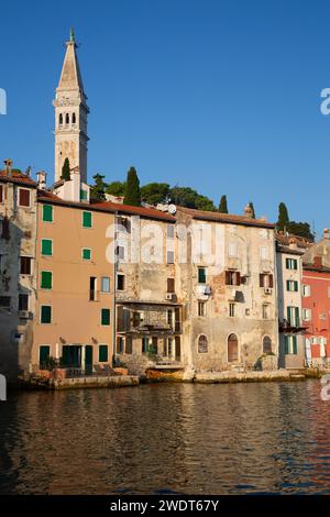 Buildings on the Waterfront and Tower of Church of St. Euphemia, Old Town, Rovinj, Croatia, Europe Stock Photo