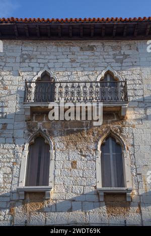 Windows in a stone building, Old Town, Porec, Croatia, Europe Stock Photo