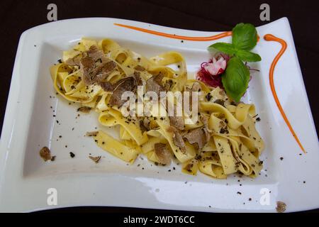Tagliatelle Pasta with Truffle Chips in Truffle Olive Oil, Motovun, Central Istria, Croatia, Europe Stock Photo