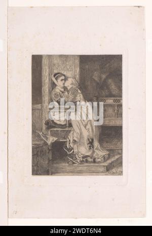 Girl gives a kiss on the cheek of a girl sitting in a high chair, Albrecht de Vriendt, 1869 print The two girls are daughters of Guy (Guy) de Dampierre. The Flemish Lion is depicted on the girls' dresses.  paper. pencil etching girl (child between toddler and youth) (+ two persons). embracing each other, kissing. chair Stock Photo