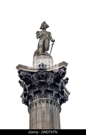 The top of Nelson's Column in Trafalgar Square with the statue of Horatio Nelson on the top, London, UK. Isolated on white background Stock Photo