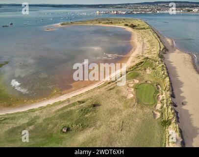 Aerial view of the mouth of the River Exe, seen from above Dawlish Warren and looking towards the town of Exmouth, Devon, England, United Kingdom Stock Photo