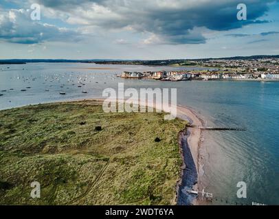 Aerial view of the mouth of the River Exe, seen from above Dawlish Warren, looking towards the town of Exmouth, Devon, England, United Kingdom, Europe Stock Photo