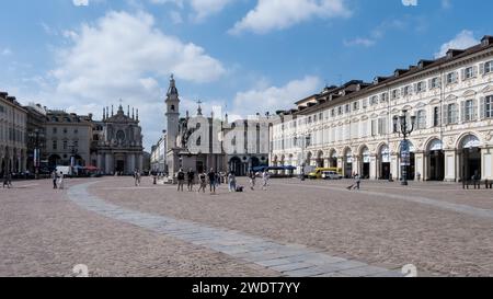 View of Piazza San Carlo, a square showcasing Baroque architecture and featuring the 1838 Equestrian monument of Emmanuel Philibert Stock Photo