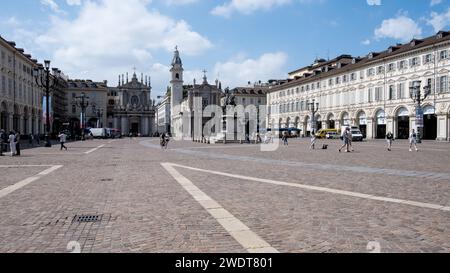 View of Piazza San Carlo, a significant city square showcasing Baroque architecture, featuring the 1838 Equestrian monument of Emmanuel Philibert Stock Photo