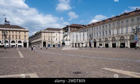 View of Piazza San Carlo, a significant square showcasing Baroque architecture and featuring the 1838 Equestrian monument of Emmanuel Philibert Stock Photo