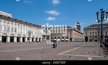 View of Piazza San Carlo, a square showcasing Baroque architecture and featuring the 1838 Equestrian monument of Emmanuel Philibert Stock Photo