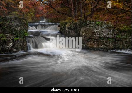 Autumnal waterfall along the Four Waterfalls walk, Waterfall Country, Brecon Beacons National Park, South Wales, United Kingdom, Europe Stock Photo