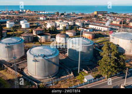 Aerial view of oil and gas storage tank refinery petrochemical factory ...