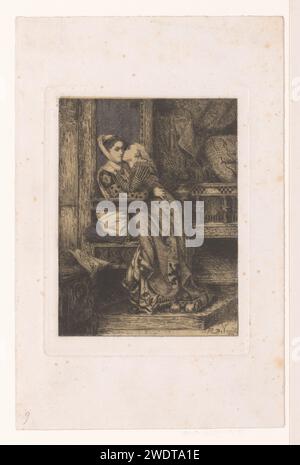 Girl gives a kiss on the cheek of a girl sitting in a high chair, Albrecht de Vriendt, 1869 print The two girls are daughters of Guy (Guy) de Dampierre. The Flemish Lion is depicted on the girls' dresses.  paper. pencil etching girl (child between toddler and youth) (+ two persons). embracing each other, kissing. chair Stock Photo