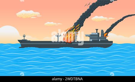 Burning Ship in The Sea. Red Sea Conflict Illustration Stock Vector