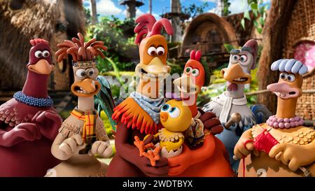 Chicken Run: Dawn of the Nugget (2024) directed by Sam Fell and starring Jane Horrocks, Imelda Staunton, David Bradley, Lynn Ferguson, Thandiwe Newton, Zachary Levi, and Bella Ramsey. Having pulled off an escape from Tweedy's farm, Ginger has found a peaceful island sanctuary for the whole flock. But back on the mainland the whole of chicken-kind faces a new threat, and Ginger and her team decide to break in. Publicity still ***EDITORIAL USE ONLY***. Credit: BFA / Netflix Stock Photo