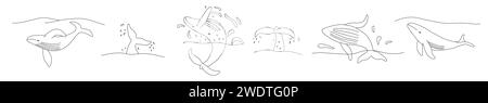 Set with whales, doodle style flat vector outline illustration for kids coloring book Stock Vector