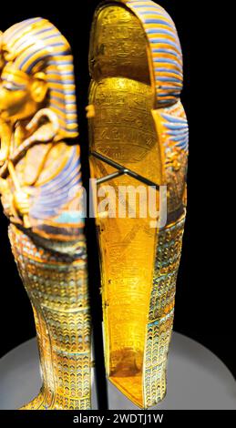 Egypt, Cairo, Tutankhamon jewellery, from his tomb in Luxor :  Text inside a miniature coffin, containing the viscera of the king. Stock Photo