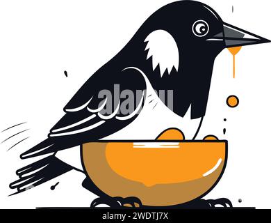 Cute crow eating food from bowl. Vector cartoon character illustration ...