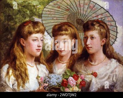 The three daughters of King Edward VII and Queen Alexandra, portrait painting in oil on canvas by Sydney Prior Hall, 1883 Stock Photo