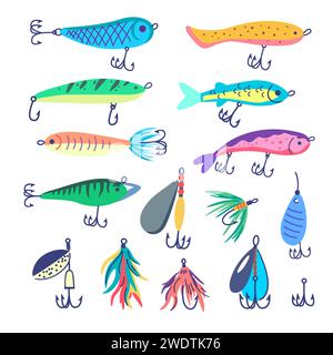 Collection of fishing baits. Various types of fishing lure with floating and hook isolated on white background. Colorful vector illustration Stock Vector