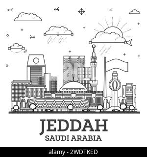 Saudi Arabia, Jeddah tourism landmarks, vector city travel illustration ...
