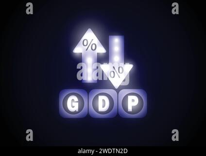 GDP business concept. Word 'GDP' Gross domestic product on white neon cube block near up and down arrows with percentage icon on blue dark background. Stock Vector