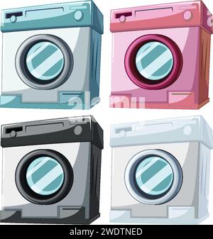 Four cartoon-style washing machines in various colors Stock Vector