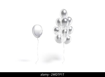 Blank silver round balloon single and bouquet mockup, front view, 3d rendering. Empty decorative sphere bunch mock up, isolated. Clear inflatable myla Stock Photo