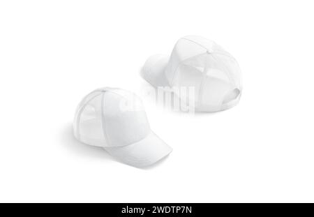 Blank white trucker hat mockup, back side view, 3d rendering. Empty denim driver headwear with mesh mock up, isolated. Clear protection flannel head-d Stock Photo