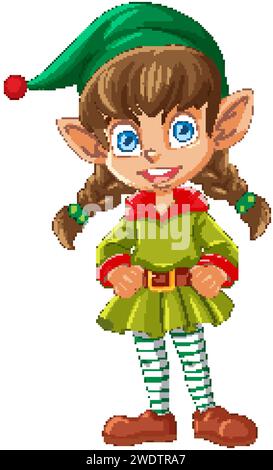 Cartoon elf girl smiling in Christmas-themed outfit. Stock Vector