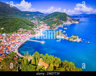 Parga, Greece. Beautiful colorful coastal town in Epirus, Greek holidays at Ionian Sea. Aerial drone view. Stock Photo