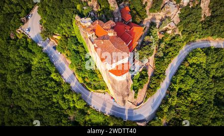 Meteora, Greece. Monastery of Roussanou and famous sandstone rock formations and world Greek heritage. Stock Photo