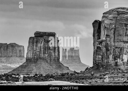 View of the monuments from the Sand Spring area in the Monument Valley Navajo Tribal Park in Arizona. Stock Photo