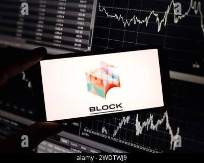 Konskie, Poland - January 21, 2024: Block company logo displayed on mobile phone screen Stock Photo