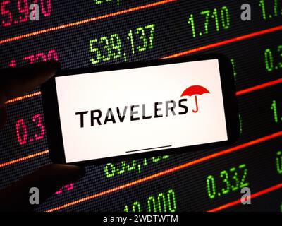 Konskie, Poland - January 21, 2024: The Travelers Companies logo displayed on mobile phone screen Stock Photo