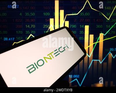 Konskie, Poland - January 21, 2024: BioNTech company logo displayed on mobile phone screen Stock Photo