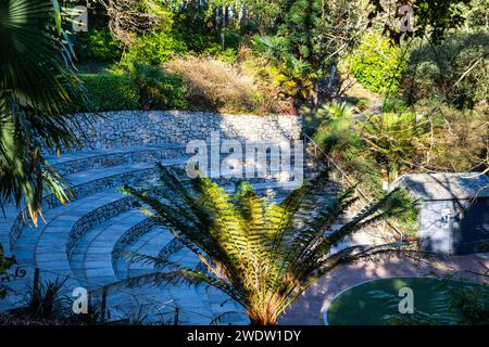 An empty amphitheatre on a Sunny Winter's Day in Trebah Garden in Cornwall Stock Photo