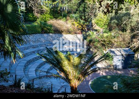 An empty amphitheatre on a Sunny Winter's Day in Trebah Garden in Cornwall Stock Photo
