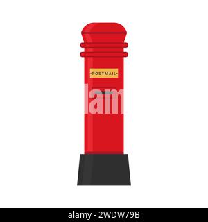 Vector flat Red mailbox, public and private address classic postbox, golden plate. British royal mail service wall letterbox or stand box with slot fo Stock Vector