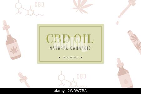 CBD Hemp Oil web banner in organic color on white background with pattern. Cannabis poster with place for text. Bottle with dropper, marijuana leaf, r Stock Vector
