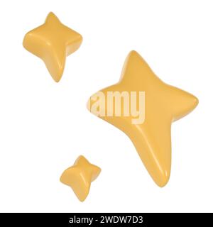 3d winter yellow Christmas stars sparkle. Cute shiny star shaped object element icon. shine symbol isolated on white background illustration Stock Photo