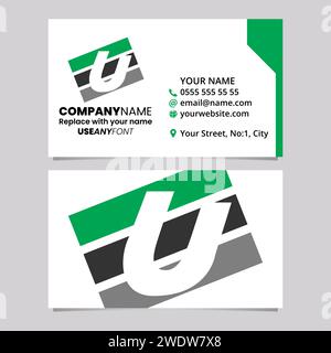 Green and Black Business Card Template with Rectangular Letter U Logo Icon Over a Light Grey Background Stock Vector