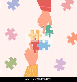 People assembling jigsaw puzzle. Concept of manual activity. Friends pastime. Autistic kids playing mosaic. Teamwork and team building. Children hands Stock Vector