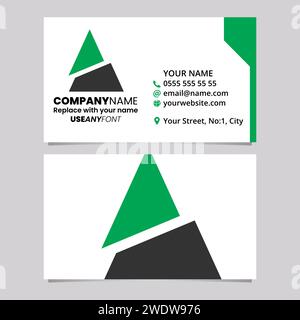 Green and Black Business Card Template with Split Triangle Shaped Letter A Logo Icon Over a Light Grey Background Stock Vector