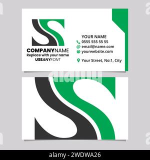 Green and Black Business Card Template with Fish Fin Shaped Letter S Logo Icon Over a Light Grey Background Stock Vector