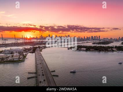 Aerial sunset view of McArthur causeway, Dodge Island near Miami South Beach Stock Photo