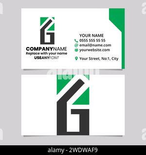 Green and Black Business Card Template with Rectangular Letter G Logo Icon Over a Light Grey Background Stock Vector
