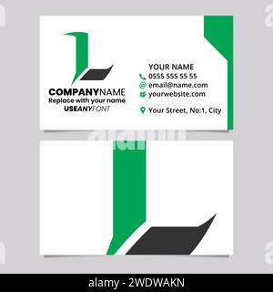 Green and Black Business Card Template with Sharp Spiked Letter L Logo Icon Over a Light Grey Background Stock Vector