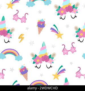 Vector unicorns seamless pattern. Repeat background with fairytale character, horn with eyes and flowers, rainbow, falling stars, star shaped pink gla Stock Vector