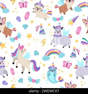 Vector unicorns seamless pattern. Repeat background with fairytale characters, animals with horns, rainbow, falling stars, crystals. Fantasy world dig Stock Vector